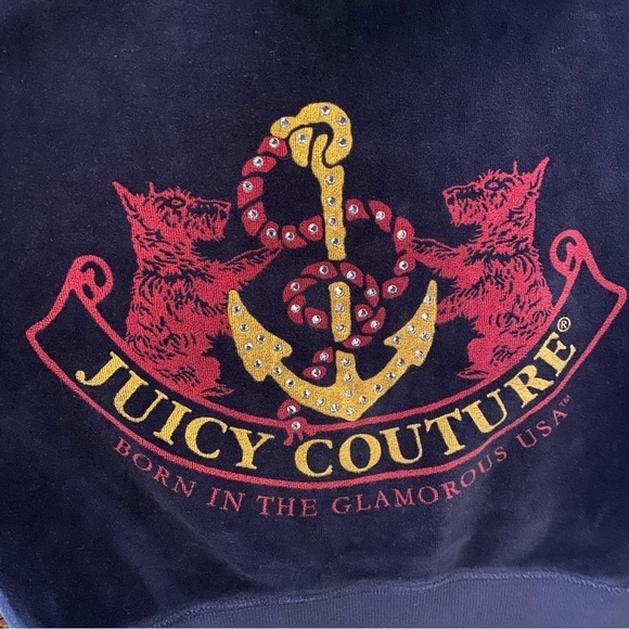 Vintage JUICY COUTURE Navy Velour Graphic Rhinestone Hoodie Jacket Size Medium - Picture 2 of 10